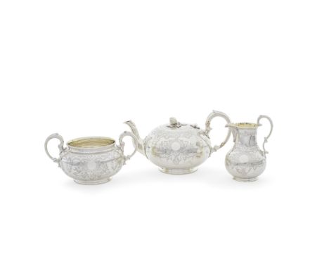 A Victorian silver three-piece tea serviceDaniel & Charles Houle, London 1855 Compressed globular form engraved with upper ba