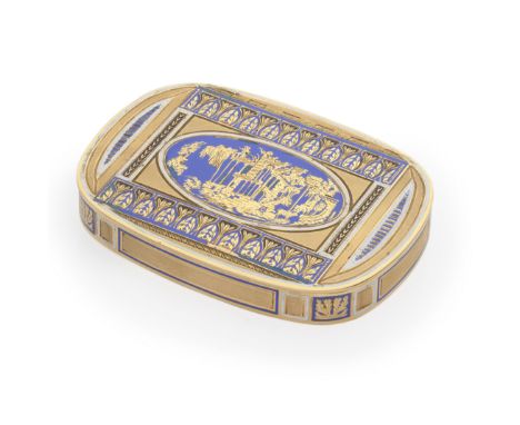 A 19th century German gold and champlevé enamel snuff boxmaker's mark F&amp;O, the '18K' stamp erased, Hanau Curved-rectangul