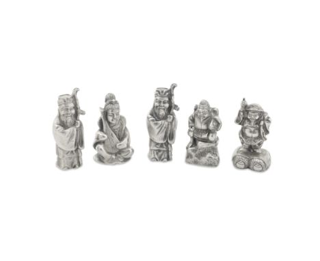 Five Chinese silver 'Immortal' figural scroll weightsChinese character marks to base, stamped 900 Traditional Chinese figures