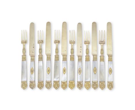 A matched set of 19th century French silver-gilt and mother-of-pearl handled fruit forks and fruit knivesfive forks and four 