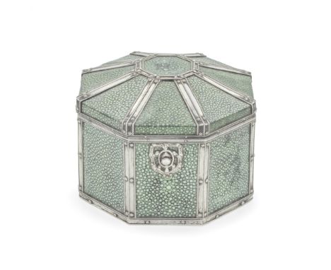 A silver and shagreen box / caddyunmarked, possibly John Paul Cooper, early 20th century Octagonal form with hinged octagonal