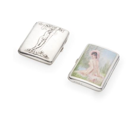 A Victorian silver and enamelled erotic cigarette caseLondon 1875 Curved rectangular form, the cover with an enamelled depict