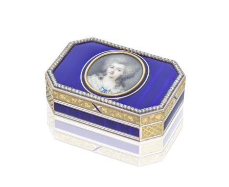 An early 19th century German gold, enamelled and pearl-set portrait boxby the unidentified maker FJ, Hanau circa 1800 Rectang