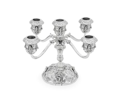 A German silver five-light dwarf candelabrumcrown and crescent mark and stamped 800With four scroll arms issuing from below a