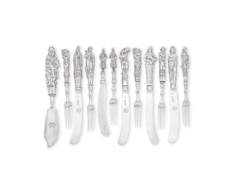 A matched set of twelve Victorian silver figurative handled cheese knives and forksvarious maker's and dates Includes six for