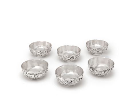 A set of six Chinese export silver bowlsWang Hing, stamped WH, character mark and 90, circa 1900 Hemispherical form with reed