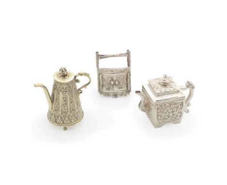 A Victorian silver miniature teapot,by Joseph Willmore, Birmingham 1837 In the Chinese-style, square section, with panels of 