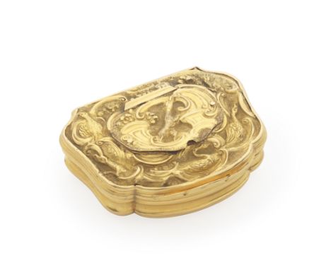A rare George II gold double-lidded patch boxunmarked, circa 1740 Cartouche-shaped, with central hinged compartment, chased d