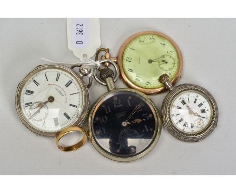 A WWI ROYAL FLYING CORPS POCKET WATCH AND THREE OTHERS, black dial, faded luminescent, Arabic and numerals, subsidiary dial a
