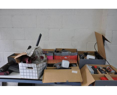 A LARGE SELECTION OF MOSTLY BOXED KIRBY ATTACHMENTS for a vacuum cleaner, including hair clippers, a sander, carpet washer, e