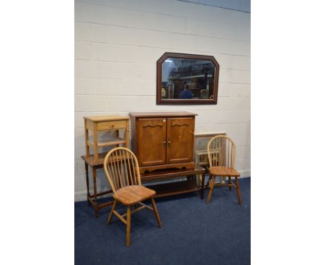 A QUANTITY OF OCCASIONAL FURNITURE, to include cherrywood two cabinet, oak occasional table, two pine dining chairs, pine lam