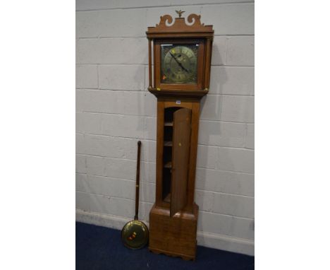 A GEORGIAN GOLDEN OAK LONGCASE CLOCK, damaged hood, revealing a brass dial 8 1/2'' dial, with a later electric movement, dial