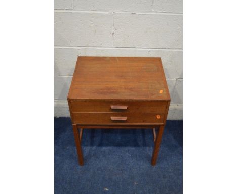 A MID 20TH CENTURY TEAK DANISH STYLE LAMP TABLE with two drawers, width 50cm x depth 39cm x height 59cm