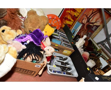 FOUR BOXES OF SOFT TOYS, CD'S, METALWARE, ETC, including loose cutlery, DVD's, assorted paintings and prints, quartz Baldwin 