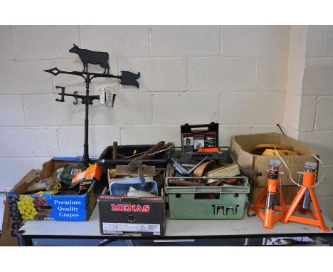 FIVE TRAYS CONTAINING TOOLS and a modern weather vane, axle stands, fan belts, saws, screwdrivers, chisels etc