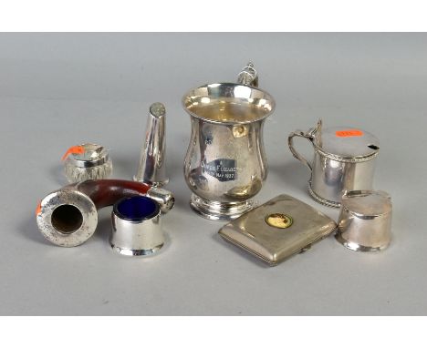 A PARCEL OF SILVER AND PLATE, including a George V silver mug of baluster form, bears inscription to body and underside, make