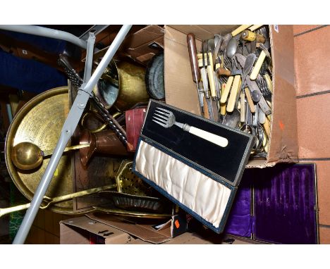 TWO BOXES OF METALWARES AND A MIRRORED FIRESCREEN, including mother of pearl handled dessert knives and forks, fire pokers, a