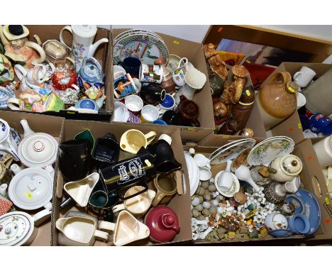 EIGHT BOXES OF CERAMICS ETC, including novelty tea pots, pub jugs, promotional mugs, Royal Albert Country Walk collection pla