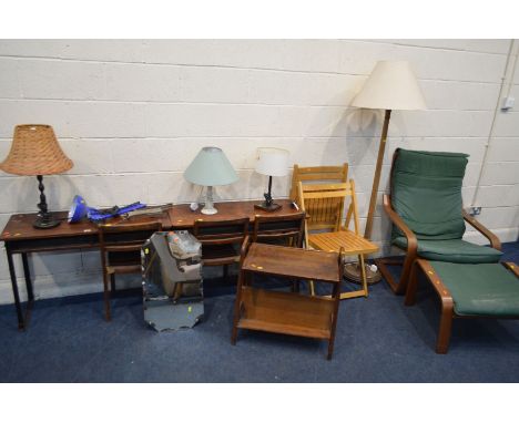 TWO METAL SCHOOL DESKS with three chairs, together with various miscellaneous furniture to include two folding beech chairs, 