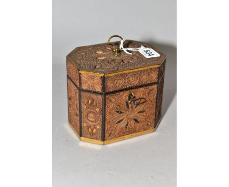 A GEORGE III AND LATER PAPER SCROLL WORK (QUILLWORK) TEA CADDY OF OCTAGONAL FORM, gilt details, hinged cover with gilt loop h