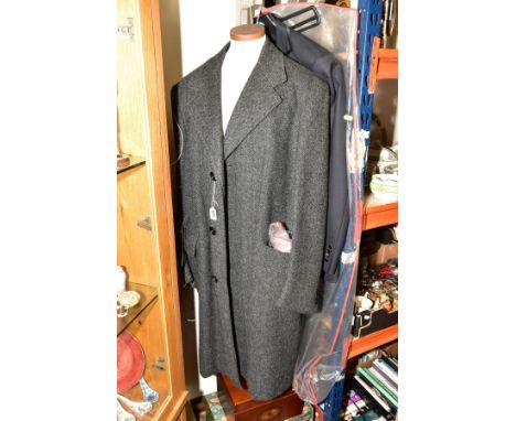 A GENTLEMANS 'SIMON HOUSE' CROMBIE WOOL OVERCOAT, length 112cm, with a gents George (Asda) two piece dinner suit 40''chest 36