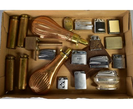 A SELECTION OF ITEMS, to include two Victorian copper powder flasks, brass cartridge loader, four 30mm Aden cannon shell case