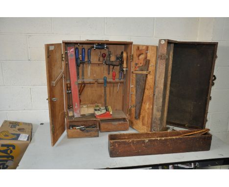 A VINTAGE CARPENTERS TOOL BOX and a more recent tool cabinet containing Marples chisels, Spear and Jackson saw, etc (2)