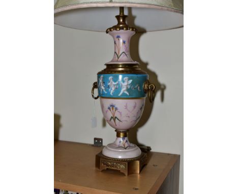 A CONTINENTAL PORCELAIN AND ORMOLU TABLE LAMP, pink and turquoise ground painted with flowers and cherubs, gilt highlights (w