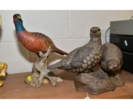 A SPODE BONE CHINA COCK PHEASANT with painted decoration, small chip to tail, approximate height 27cm, together with a Barbar