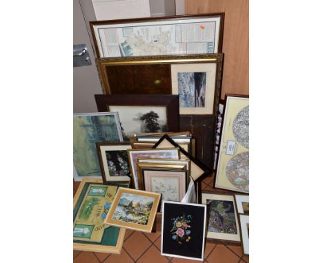 PAINTINGS AND PRINTS, etc to include a late 19th/early 20th Century oil on canvas of a stream running through a woodland, som