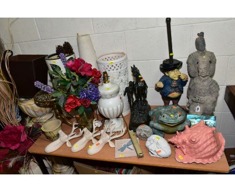 A QUANTITY OF DECORATIVE GARDEN/CONSERVATORY AND OTHER DECORATIVE OBJECTS including two terracotta army figures, two stick st