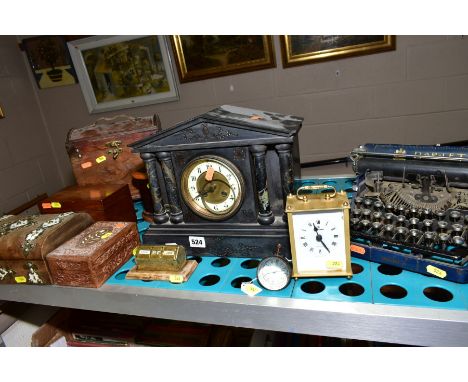 A LATE VICTORIAN BLACK SLATE MANTEL CLOCK, TREEN ITEMS AND A BAR-LET MODEL 3 BLUE TYPEWRITER, etc, including a turned wooden 