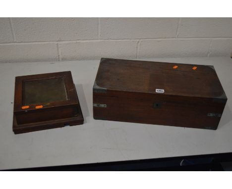 A DISTRESSED 19TH CENTURY MAHOGANY WRITING SLOPE, together with a distressed mahogany cased Gents and Co Leicester slave cloc