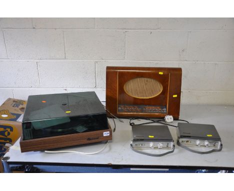 A VINTAGE HMV MODEL 1122 VALVE RADIO, two International 5TR reel to reel players and a Garrard Zero 92 turntable (all unteste