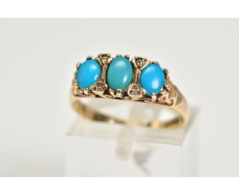 AN EARLY 20TH CENTURY THREE STONE RING, designed with three oval cut turquoise cabochons, interspaced with round brilliant cu