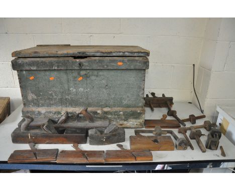 A VINTAGE WOODEN TOOLBOX AND WOODEN PLANES including six moulding planes, three block planes, nine marking gauges
