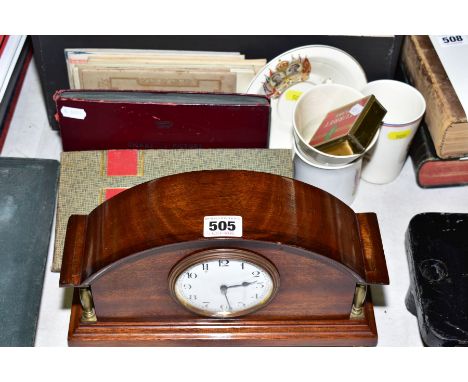 AN EDWARDIAN EIGHT DAY MANTLE CLOCK, mahogany case with white enamel dial, French movement, runs when wound, approximate heig