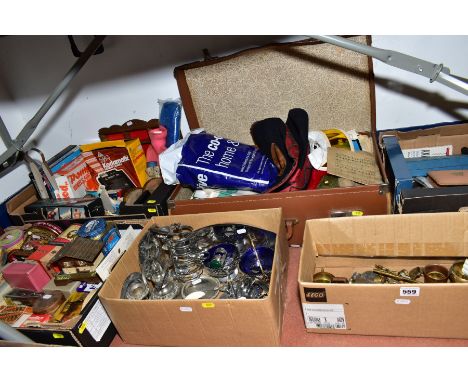 A SUITCASE AND FIVE BOXES OF MISCELLANEOUS HOUSEHOLD SUNDRIES AND METALWARES, including Kodakmatic 950 Instant camera, boxed 