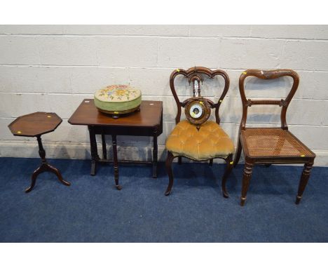 AN EDWARDIAN MAHOGANY SUTHERLAND TABLE, together with two Victorian chairs, a needle work circular stool, aneroid barometer a