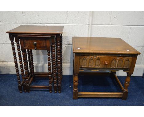 A MID 20TH CENTURY OAK NEST OF THREE TABLES with a single drawer on bobbin turned supports together with a modern oak lamp ta