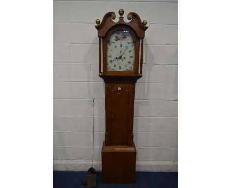 A GEORGE III OAK LONGCASE CLOCK, the hood with a swan neck, brass finials and roundels, the arched glass door revealing a pai