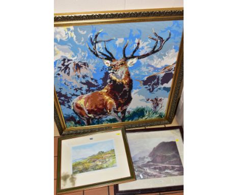 A FRAMED WOOLWORK PICTURE OF A STAG AFTER LANDSEERS MONARCH OF THE GLEN, approximate size 75cm x 75cm, plaque with attributio