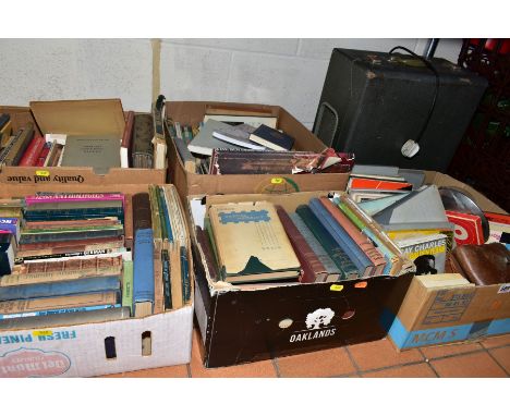 SEVEN BOXES OF BOOKS, VINTAGE CAMERAS, STEREO FOUR TRACK TAPES, etc including a Ferrograph tape player, books include art and