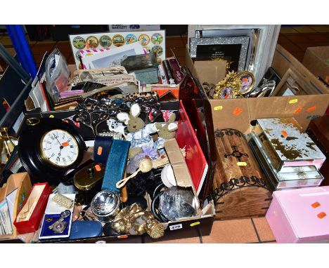THREE BOXES AND LOOSE SUNDRY ITEMS, to include gilt metal photo frames, silver plated items, jewellery boxes, wood and brass 