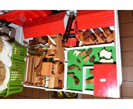 A WOODEN FARMYARD, ANIMALS AND ACCESORIES, yard and buildings, tractor and trailer and collection of assorted animals, fencin