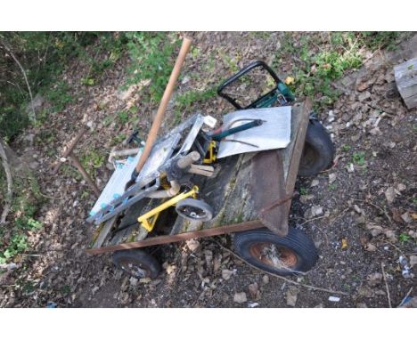 A SMALL QUANTITY OF GARDEN TOOLS, an aluminium step ladder, a modern sack truck, and a vintage four wheeled trolley, length 1