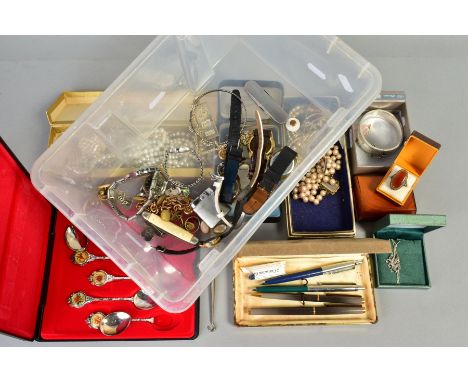 A BOX OF ITEMS, to include a floral engraved hinged silver bangle, hallmarked Birmingham 1960, a marcasite RAF brooch, stampe