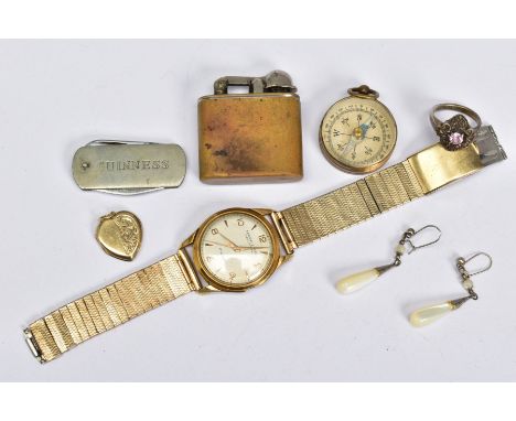 A SELECTION OF ITEMS, to include a gentlemen's gold plated Ernest Borel pillar wristwatch, cream dial, Arabic and baton marke