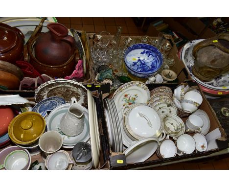 FOUR BOXES AND LOOSE OF CERAMICS AND GLASSWARE, etc, including Mintons tea wares printed with exotic birds, Royal Doulton 'Ge