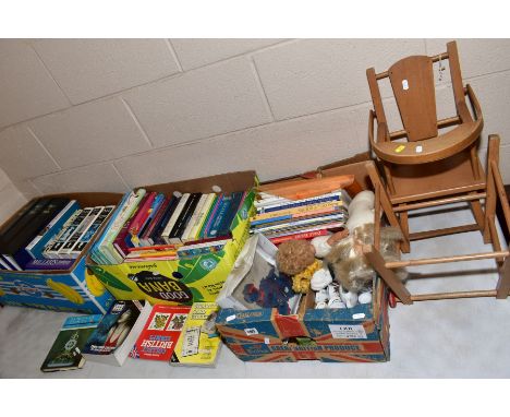 A BOX AND LOOSE CHILDREN'S ITEMS, to include doll's high chair, two dolls, Sooty hand puppet, child's teaset, doll's house fu